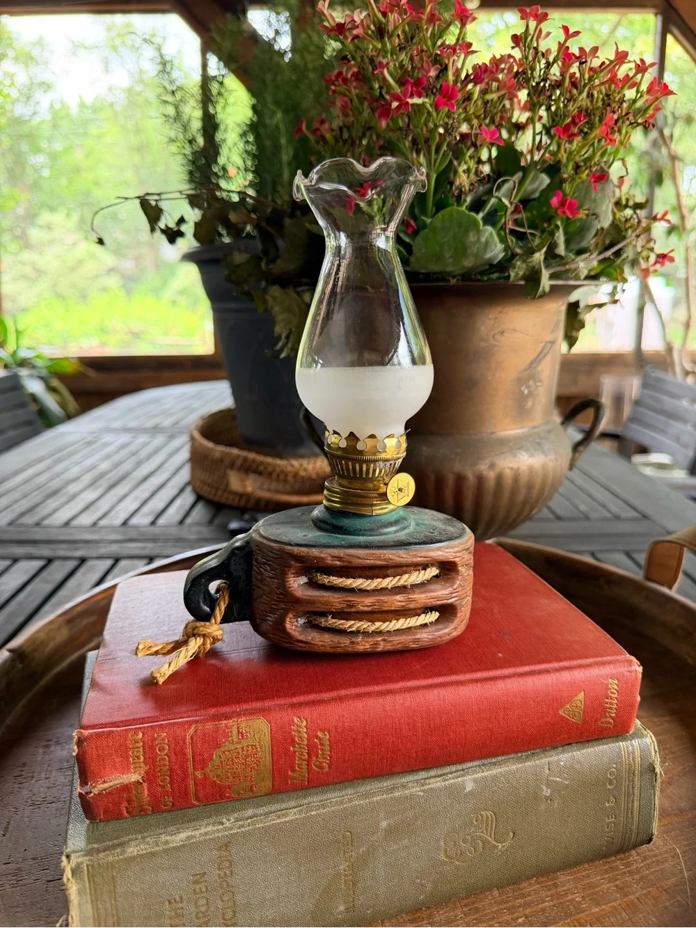 Vintage Rustic Wooden Rope Accent Oil Lamp